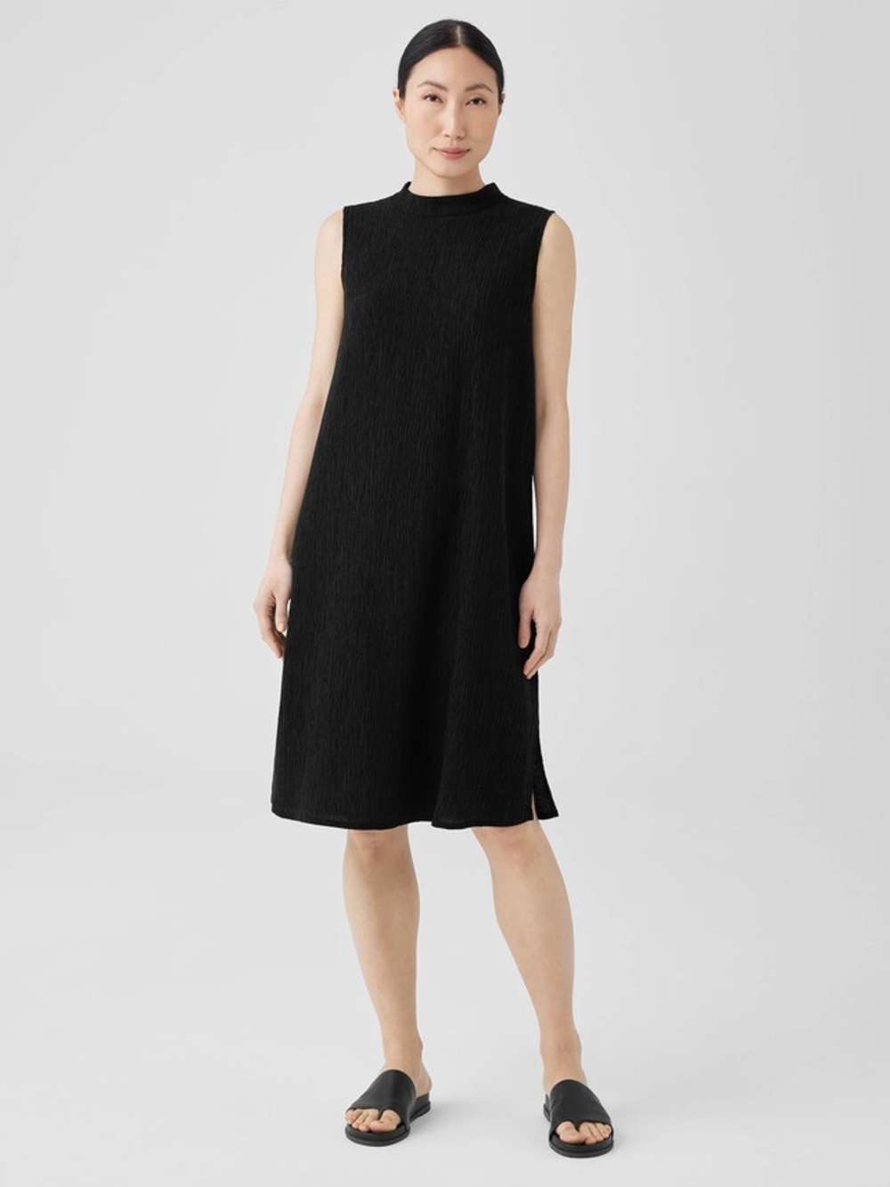 Eileen Fisher Woven Plissé Mock Neck Easy Fit Knee Length Dress in Black, Size M